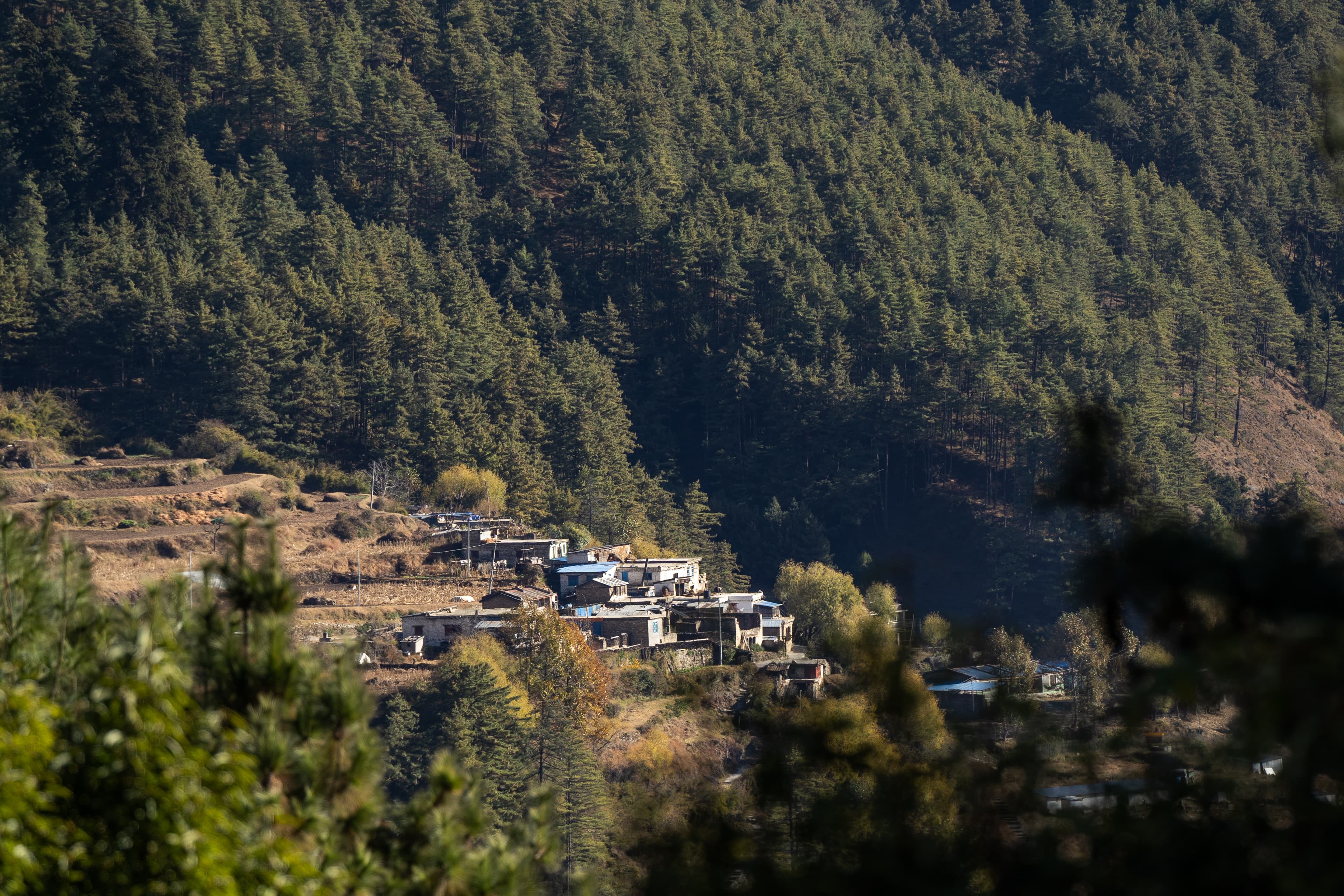 A village tucked into the hillside